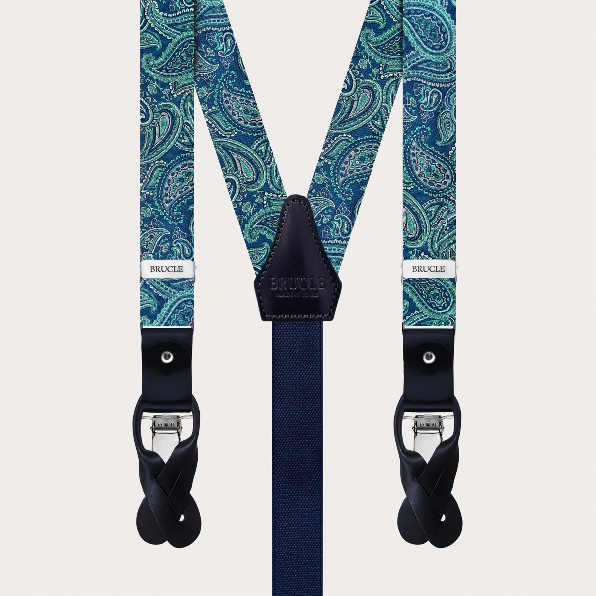 Narrow green paisley silk suspenders for clips and buttons