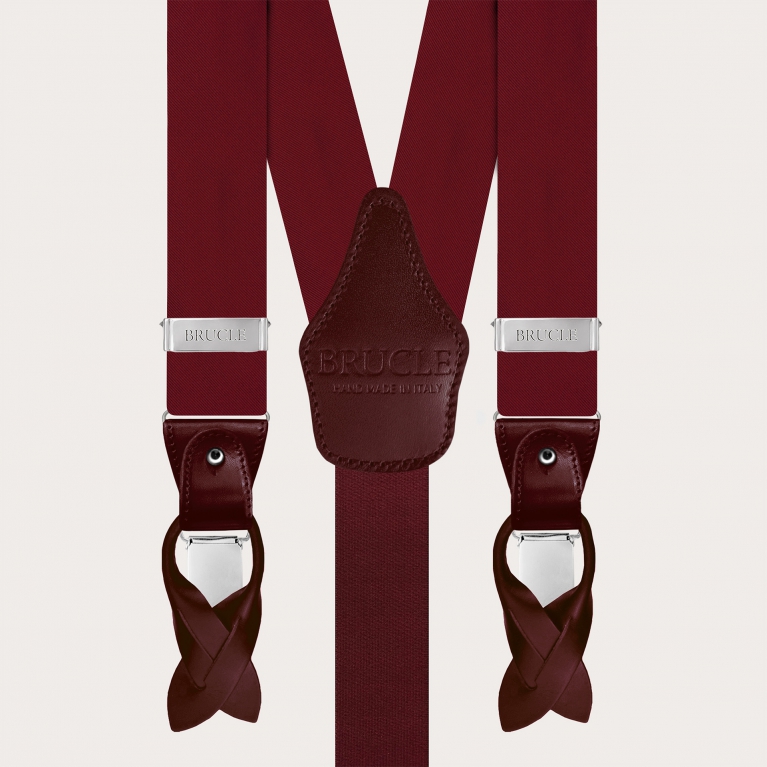 Men's burgundy suspenders in double-use silk satin, with nickel-free buttons or clips