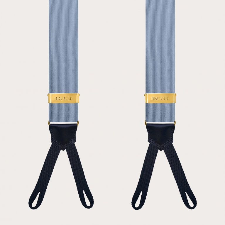 Tirantes de seda azul con ojales para botones y piezas metálicas doradas