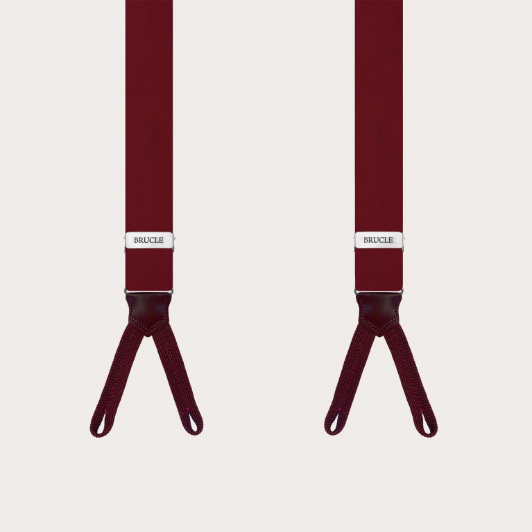 Narrow burgundy silk suspenders with buttonholes