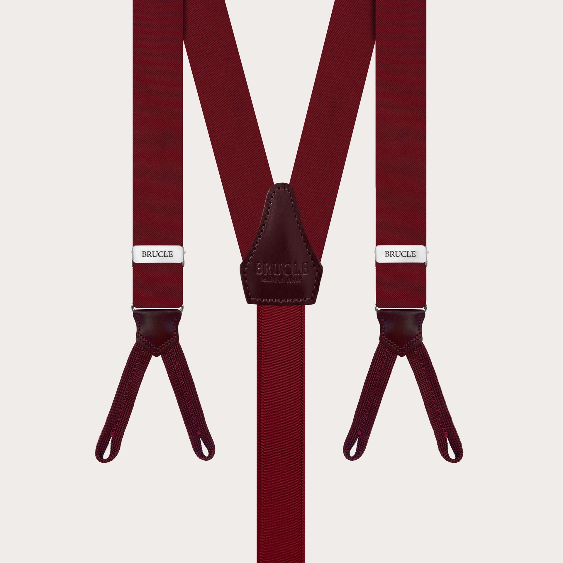 Narrow burgundy silk suspenders with buttonholes