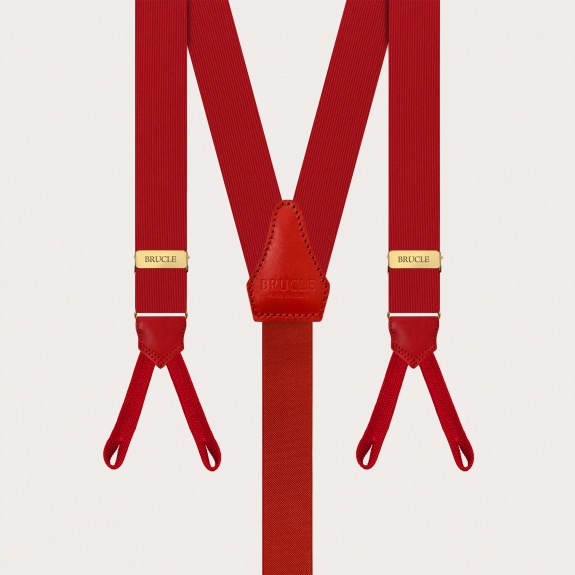 Red silk suspenders with gold parts and buttonholes