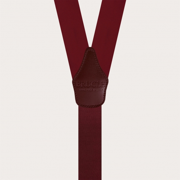 Burgundy silk satin suspenders for buttons with gold adjusters