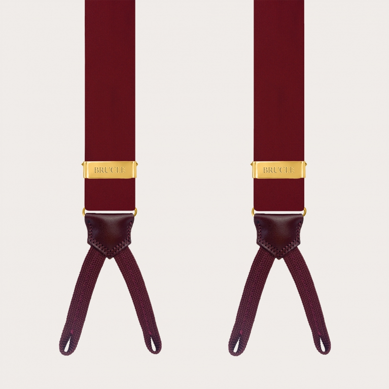Burgundy silk satin suspenders for buttons with gold adjusters