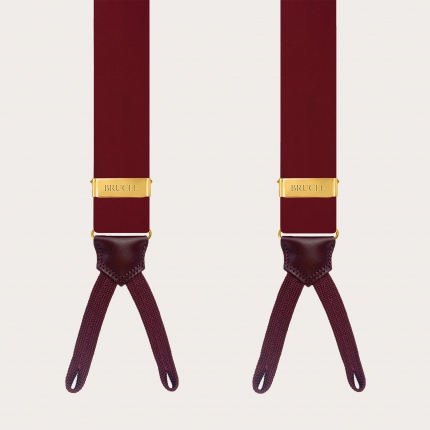 Burgundy silk satin suspenders for buttons with gold adjusters