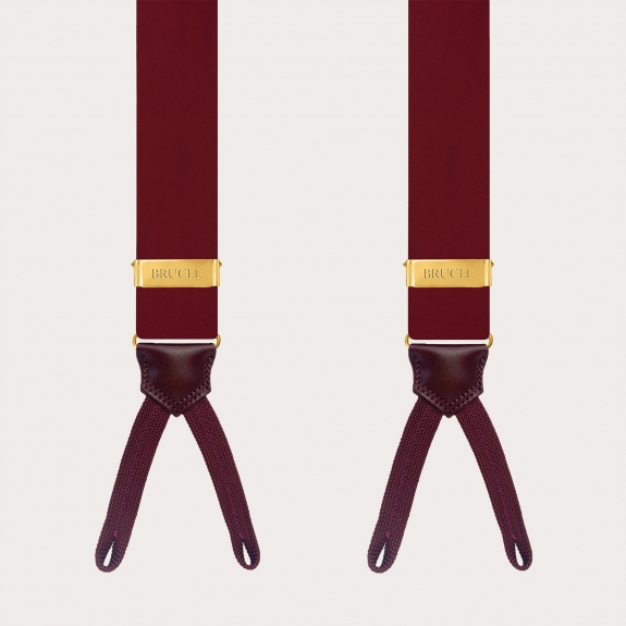 Burgundy silk satin suspenders for buttons with gold adjusters