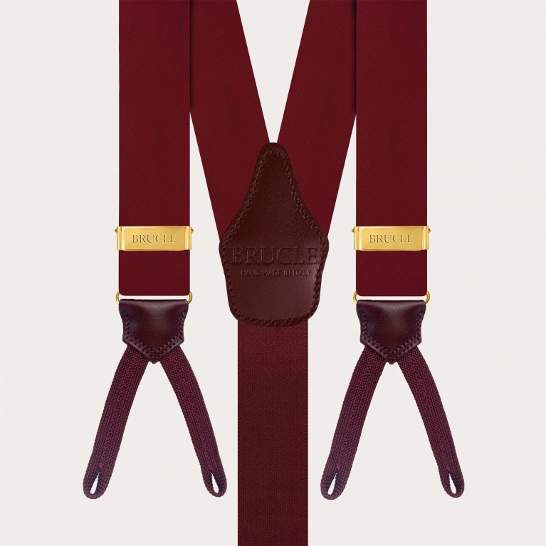 Bretelle in raso di seta bordeaux per bottoni con regolatori oro