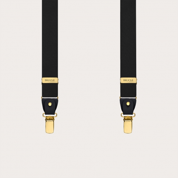 Black suspenders with gold clips in double-use satin silk