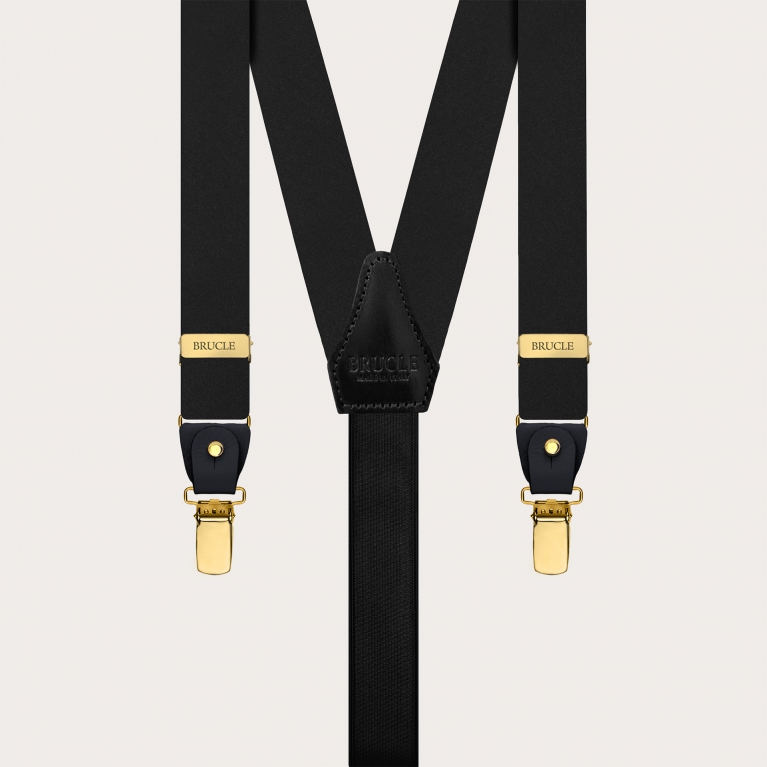 Schwarze Hosenträger mit goldfarbenen Clips aus Doppelnutz-Seidensatin
