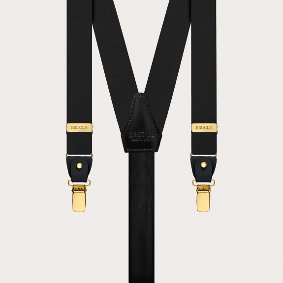Black suspenders with gold clips in double-use satin silk