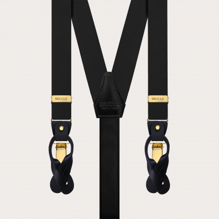 Black suspenders with gold clips in double-use satin silk