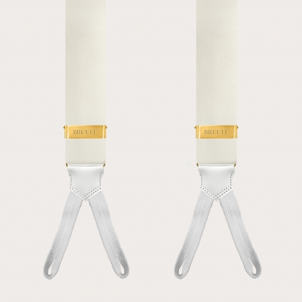 White silk satin suspenders with gold button adjusters