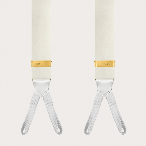 White silk satin suspenders with gold button adjusters