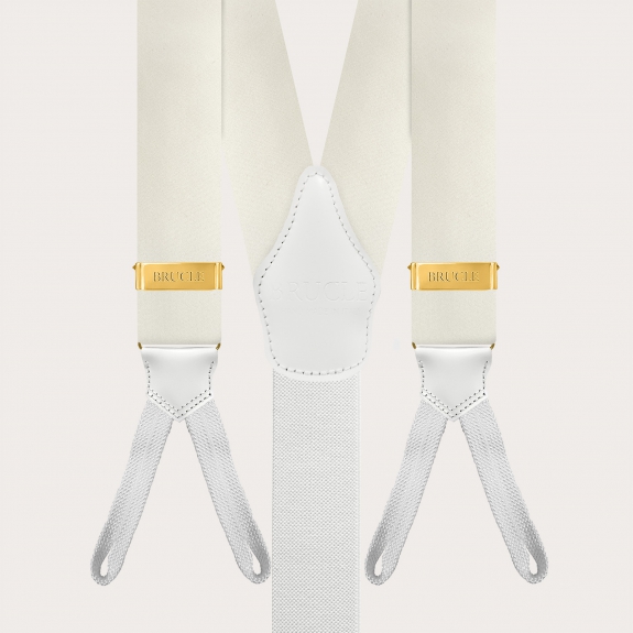Weiße Seidensatin-Hosenträger mit goldenen Knopfverstellern
