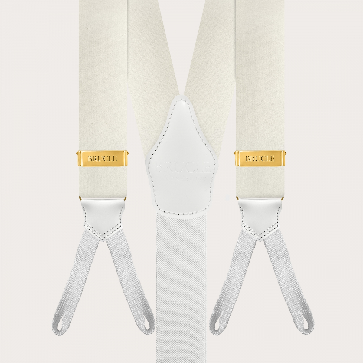 Weiße Seidensatin-Hosenträger mit goldenen Knopfverstellern