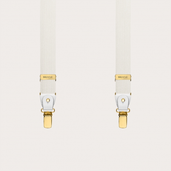 Weiße schmale Seidenhosenträger mit goldener clips