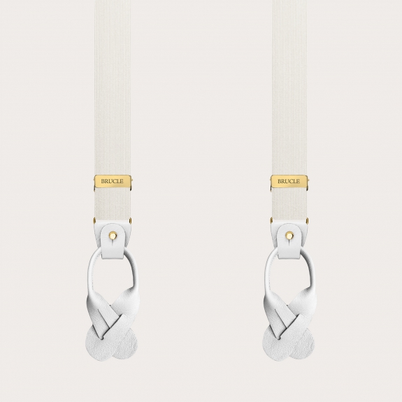 White narrow silk suspenders with gold clip