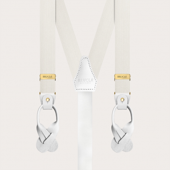 White narrow silk suspenders with gold clip