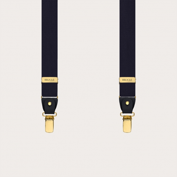 Navy blue narrow silk satin suspenders with gold parts for buttons or clips