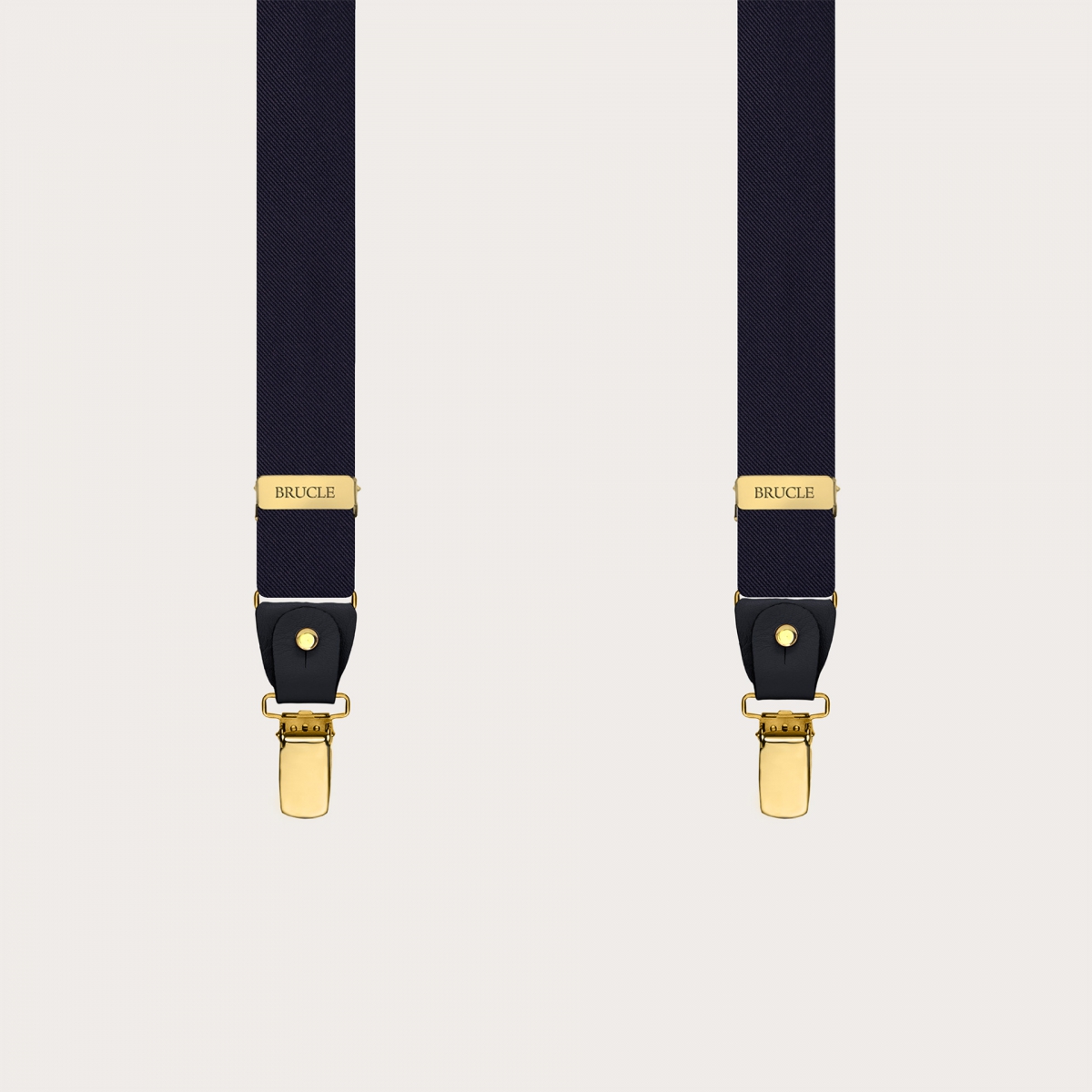 Navy blue narrow silk satin suspenders with gold parts for buttons or clips