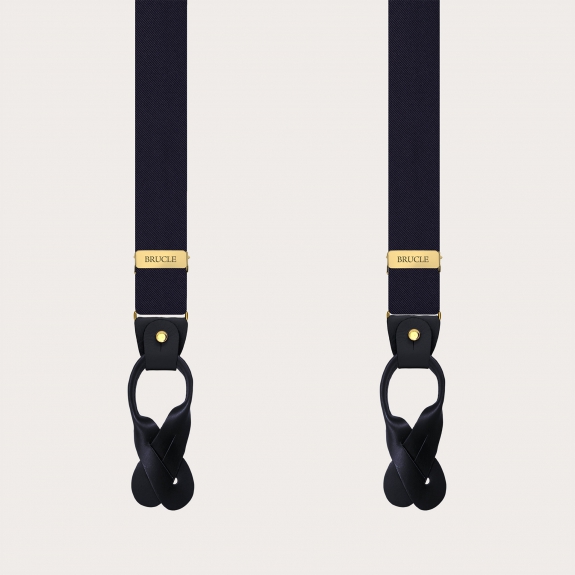 Navy blue narrow silk satin suspenders with gold parts for buttons or clips