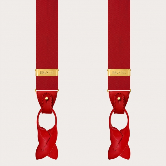 Bretelles en satin de soie rouge avec parties métalliques dorées pour boutons ou clips