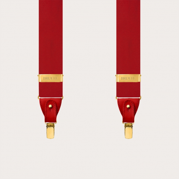 Red silk satin suspenders with gold metal parts for buttons or clips