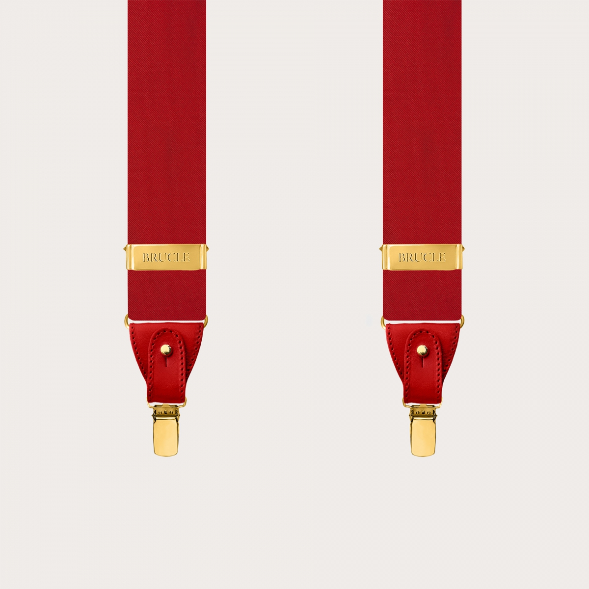 Red silk satin suspenders with gold metal parts for buttons or clips
