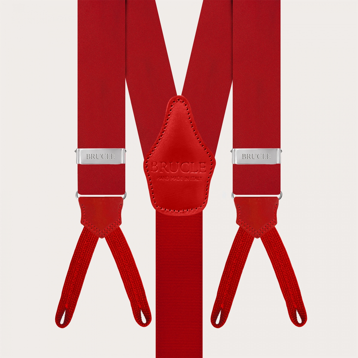 Men's red silk satin suspenders with braid end