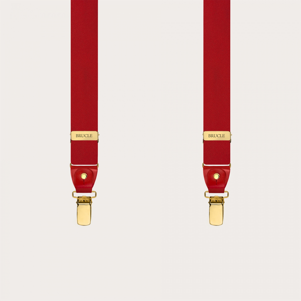 Narrow red silk satin suspenders with gold clips and button loops
