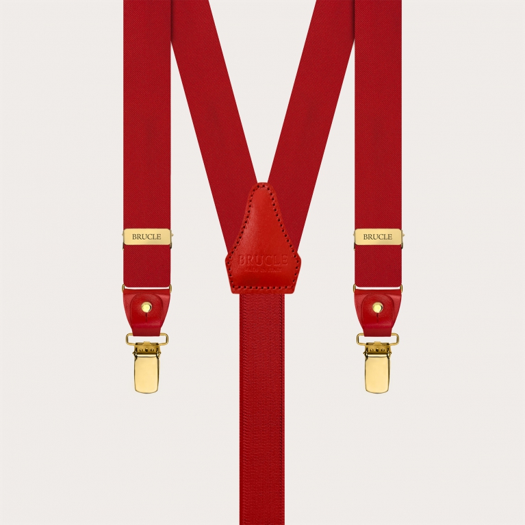 Narrow red silk satin suspenders with gold clips and button loops