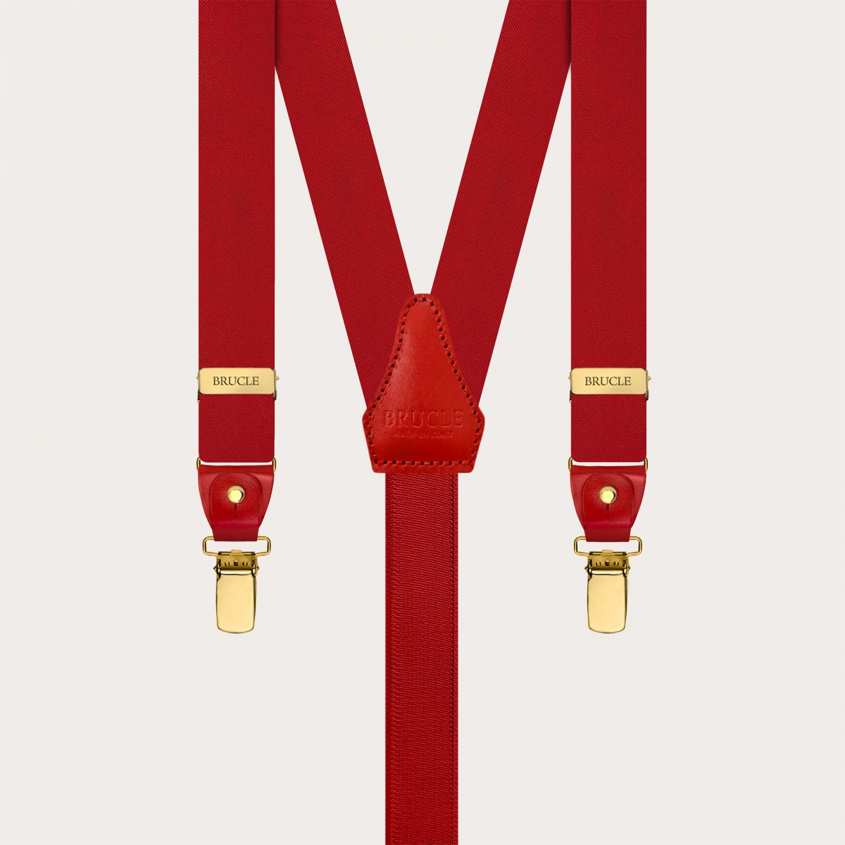 Narrow red silk satin suspenders with gold clips and button loops