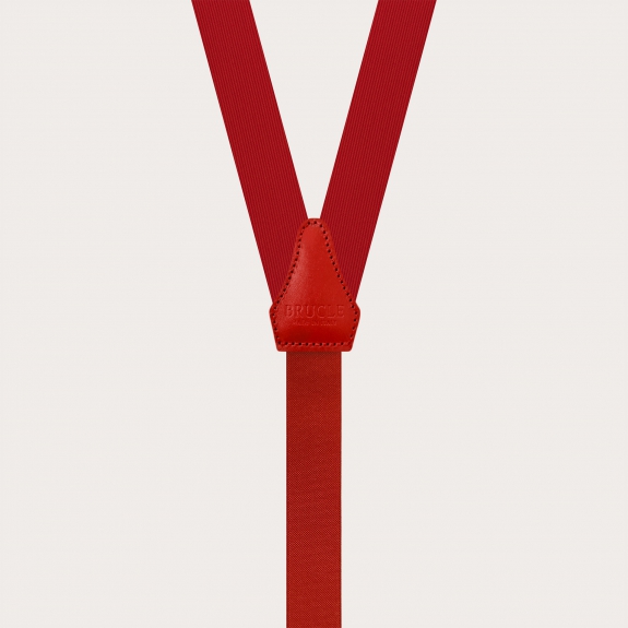 Narrow red silk suspenders with gold clips and leather moustaches for buttons