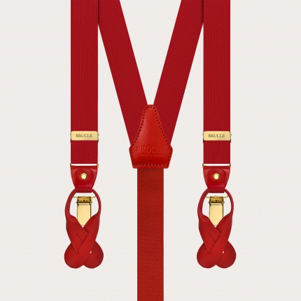 Bretelle strette rosse in seta con clip oro e baffi per bottoni