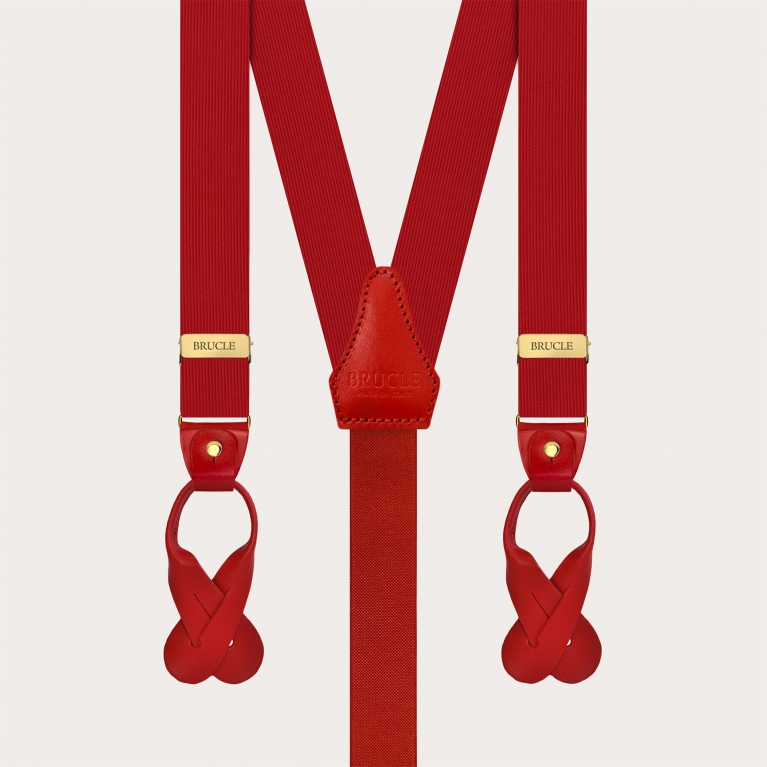 Narrow red silk suspenders with gold clips and leather moustaches for buttons