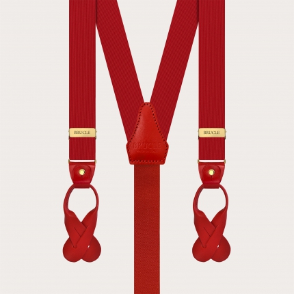 Bretelle strette rosse in seta con clip oro e baffi per bottoni