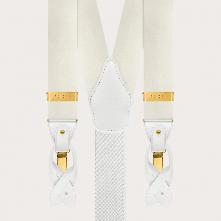 Bretelles larges blanches en satin de soie avec clips dorés