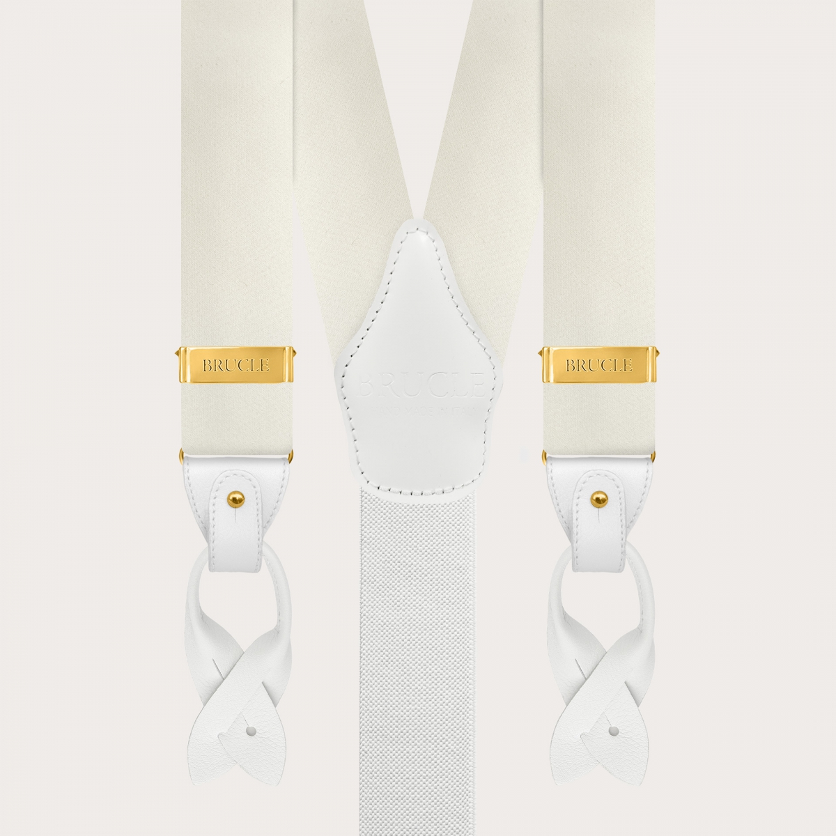 Breite weiße Seidensatin-Hosenträger mit goldenen Clips