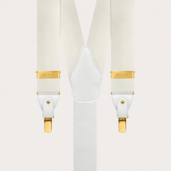 Wide white silk satin suspenders with gold clips