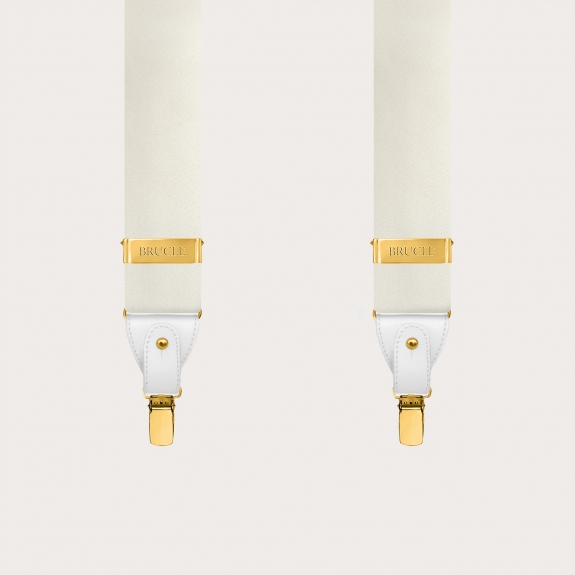 Breite weiße Seidensatin-Hosenträger mit goldenen Clips