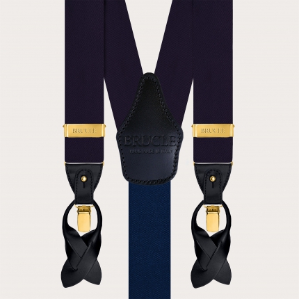 Blaue Herrenhosenträger mit goldenen Clips aus Seidensatin für Knöpfe oder Clips