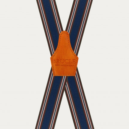 Elastische X-Rücken Hosenträger mit blau-orangem Streifenmuster und handgefärbtem Leder