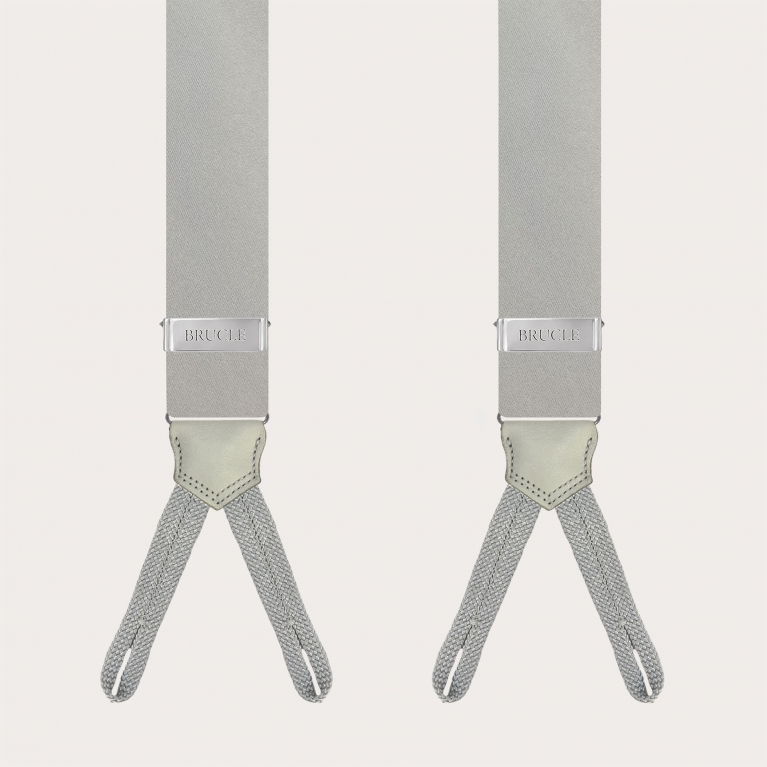 Grey silk satin suspenders with braid runners