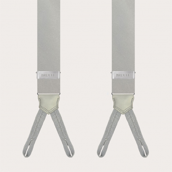 Grey silk satin suspenders with braid runners