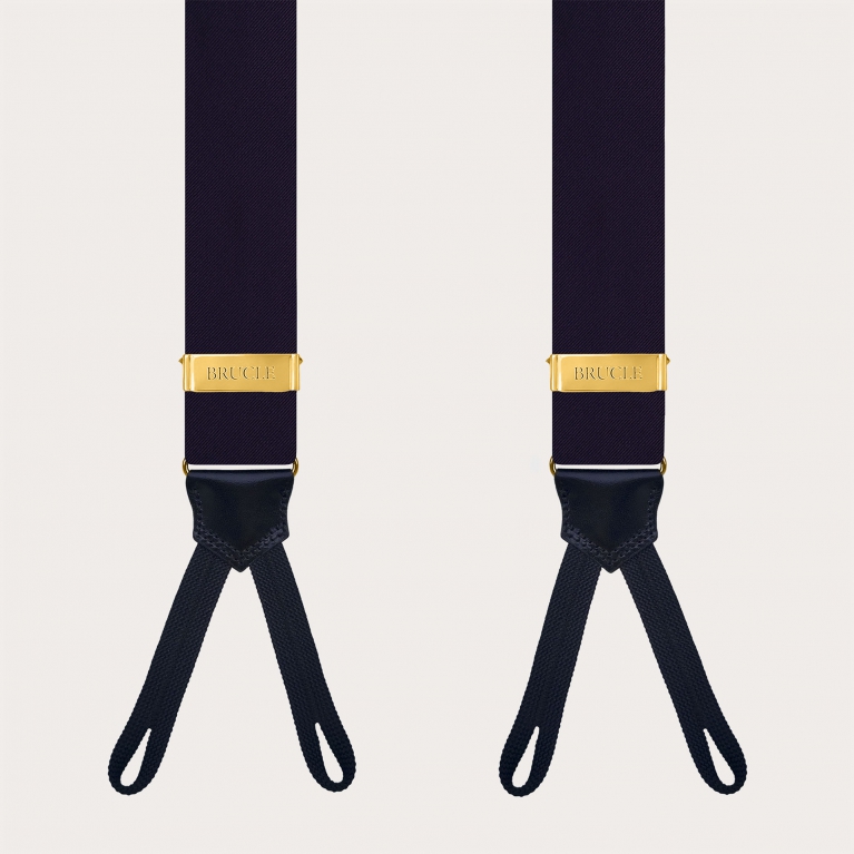 Bretelle uomo blu in raso di seta uso bottoni con regolatori oro