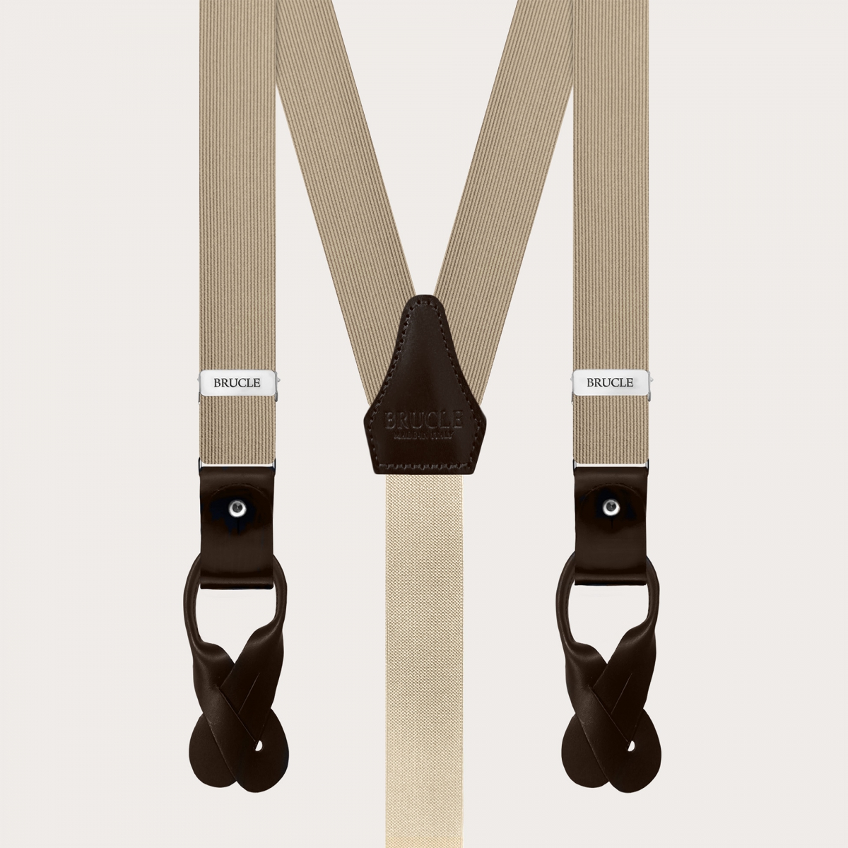 Narrow champagne dual-use suspenders with buttons or clips