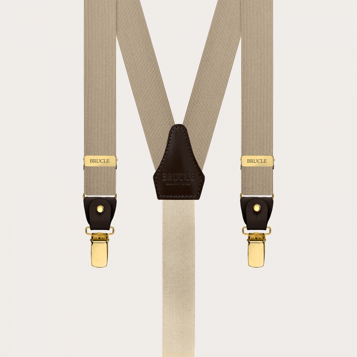 Schmale Hosenträger aus champagnerfarbener Seide mit goldenen Metallteilen für Knöpfe oder Clips