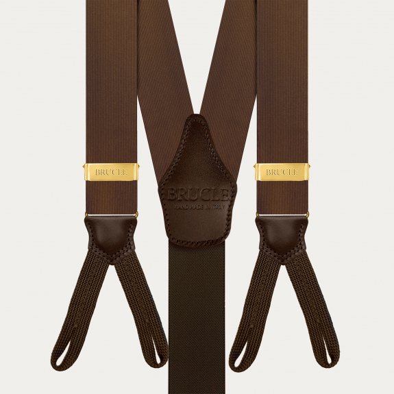 Men's brown silk suspenders with buttonholes and gold adjusters