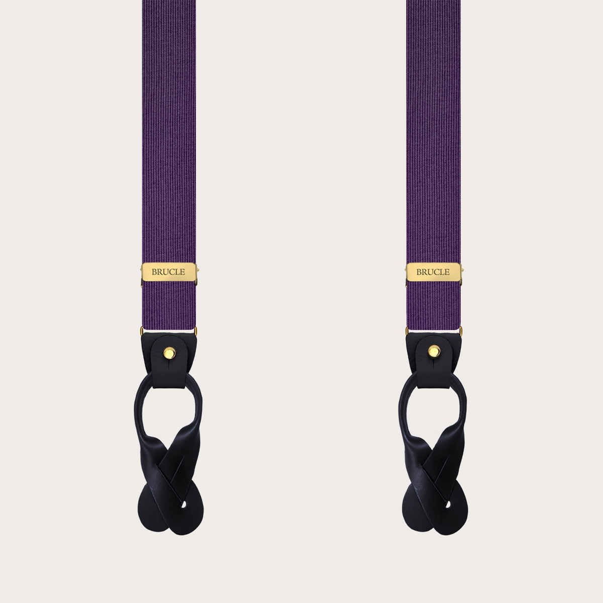 Schmale violette Hosenträger aus Jacquardseide mit goldenen Metallteilen