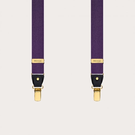 Schmale violette Hosenträger aus Jacquardseide mit goldenen Metallteilen